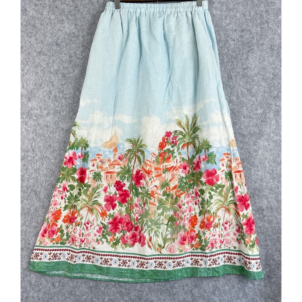 Calypso St Barth Skirt Womens Small Floral Scenic Print Linen Blend Coastal NWT